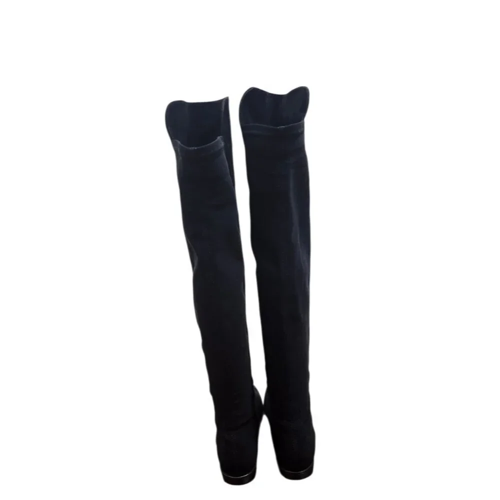 Stuart Weitzman 5050 Black Suede Over The Knee Flat Boots Stretch OTK Women 7.5